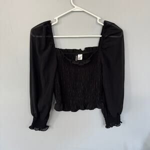 H&M Divided Solid Black Seersucker Crop Top Size XS Semi Sheer Puff Sleeve